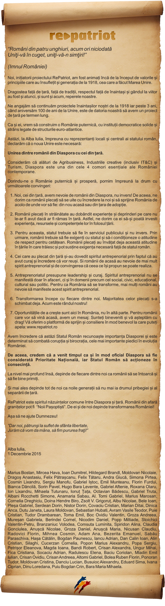 Declarația RePatriot de la Alba Iulia, documentul semnat pe 1 decembrie 2015